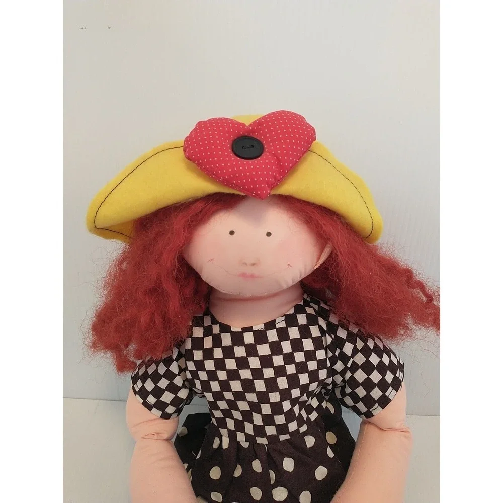 Vintage Handmade Madeline Cloth Doll Red Hair Yellow Hat Shoes Black White Dress